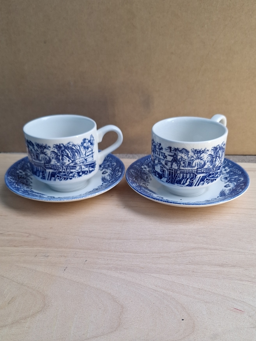Vintage Churchill Currier & Ives Blue Mill Dam 2 Teacups & 2 Saucers Set England